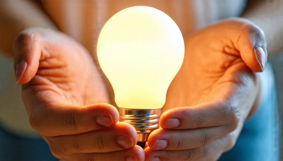 Hands holding an energy-saving LED light bulb