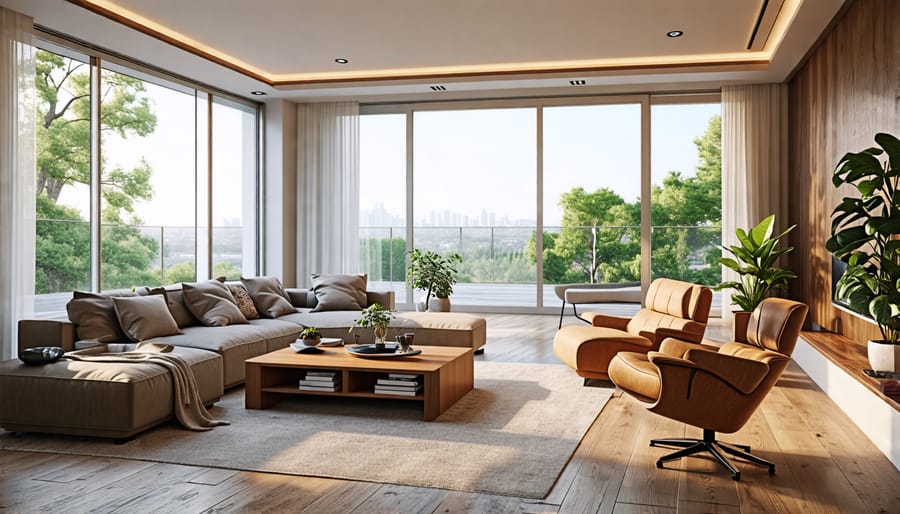 Bright living room interior with natural daylighting and smart lighting solutions