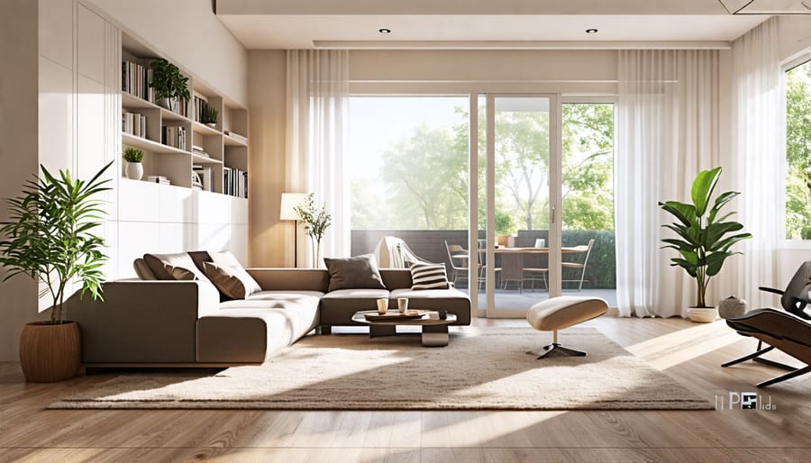 Living room with modular furniture showing different configurations