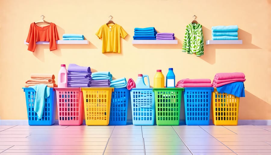 Illustration of an organized laundry routine with color-coded baskets, detergents, and laundry symbols, representing effective laundry practices.