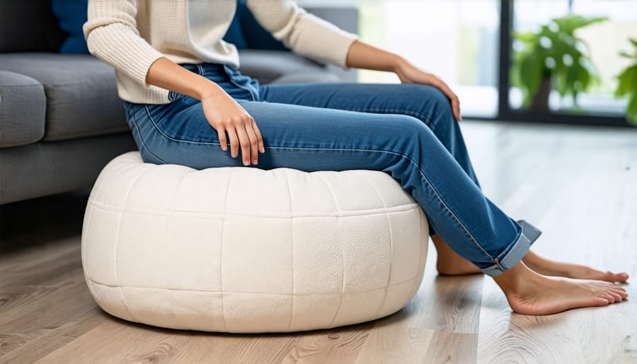 Individual seated on a memory foam-filled pouf, demonstrating the comfortable and supportive nature of the filler material