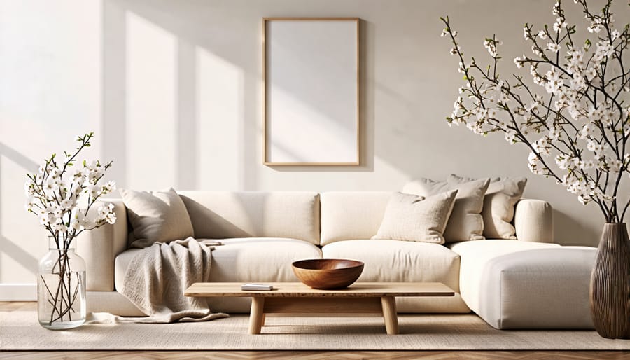 Minimalist living room with neutral tones and seasonal accents like a floral vase and decorative pillows, showcasing adaptable home decor for all seasons.