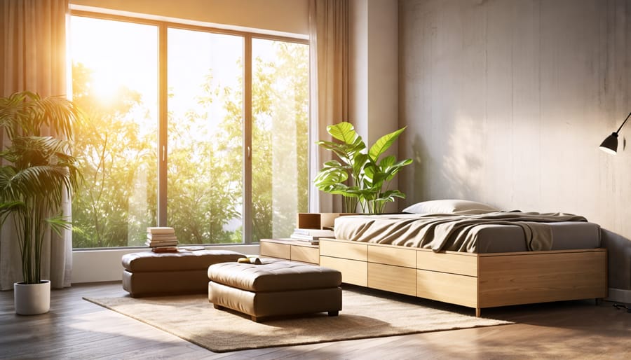 A clutter-free minimalist living room with multifunctional furniture, sunlight filtering in, and touches of greenery, creating a serene atmosphere.