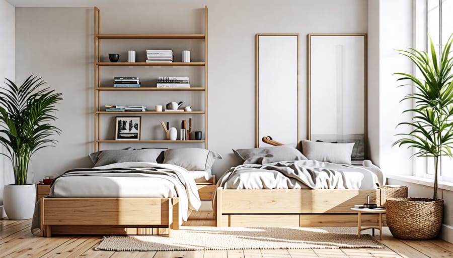 Example of sleek, space-saving storage options in a clutter-free room