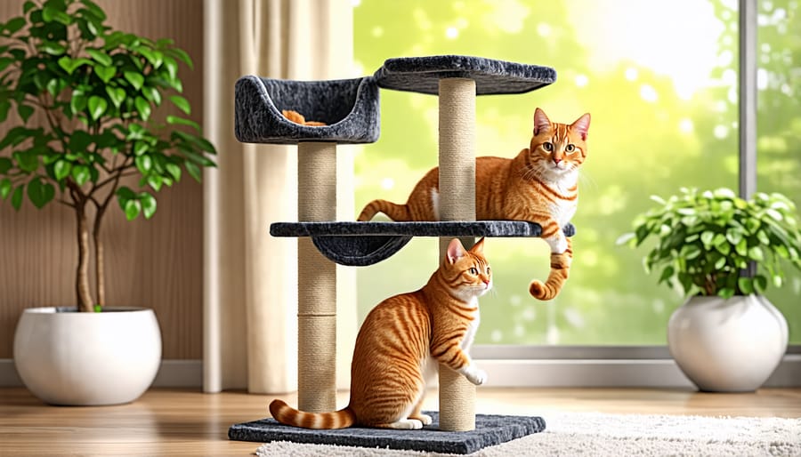 Cat enjoying a stylish multi-level cat tree in a living room