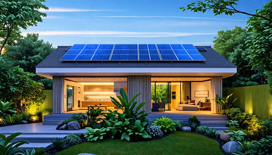 "Modern home with solar panels and surrounding lush garden, emphasizing sustainable living through natural materials and smart technology."