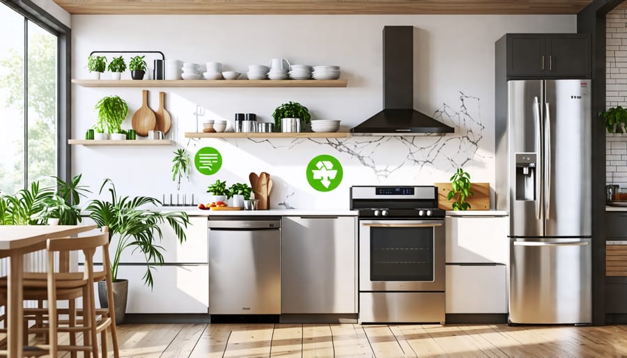 A modern kitchen showcasing energy-efficient appliances, including a stainless steel refrigerator and smart dishwasher, emphasizing an eco-friendly and sustainable home environment.