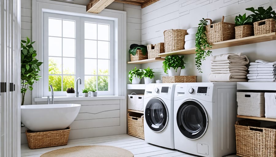 Modern laundry room with storage solutions like baskets and shelves.