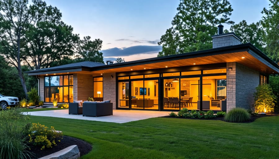 A modern ranch home featuring expansive glass windows, a seamless indoor-outdoor flow, and a blend of traditional and contemporary design elements.