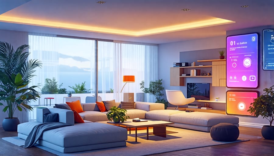 A modern living room showcasing smart technologies, including adjustable lighting and voice-activated systems, illustrating a connected and comfortable environment.