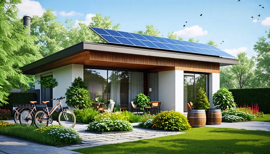 Conceptual illustration of a sustainable home with solar panels, a landscaped garden featuring rainwater collection barrels, and bikes representing eco-friendly practices.