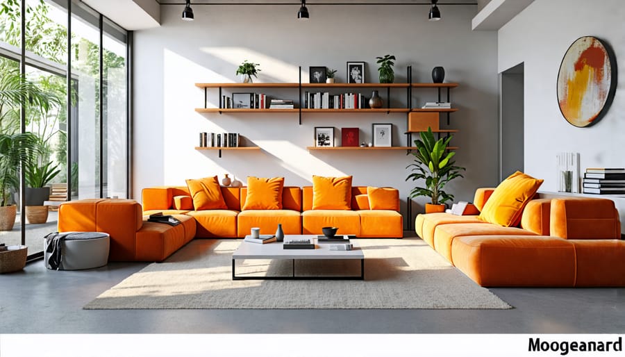 "Modern living room with modular furniture, highlighting interchangeable shelving and seating configurations in vibrant colors and textures."