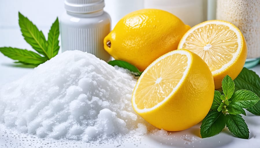 Assortment of eco-friendly cleaning supplies including baking soda, white vinegar, fresh lemons, and essential oil bottles