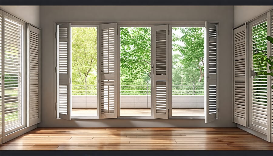 Interior room with open windows and louvered doors for natural ventilation