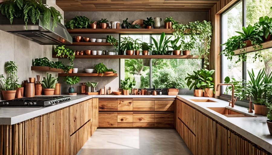 A nature-inspired kitchen design featuring reclaimed wood cabinetry, stone countertops, and abundant greenery, all bathed in natural light with a soothing earthy color palette.