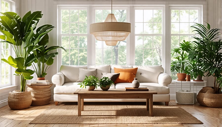 A cozy living room featuring organically upholstered furniture with a solid wood table, complemented by indoor plants, symbolizing an eco-friendly atmosphere free of VOC emissions.