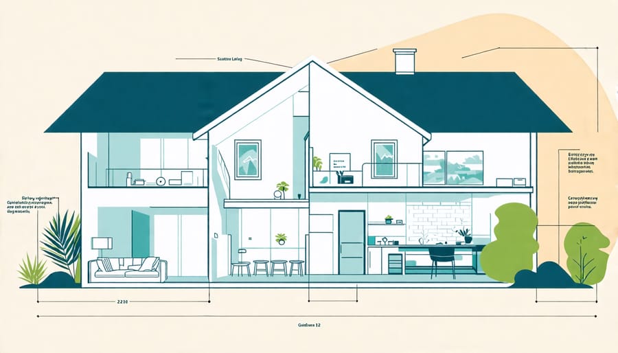 Illustrated diagram of a home showing optimal orientation and layout to maximize energy efficiency