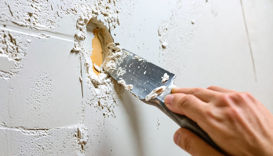 Demonstration of patching a drywall hole using spackle and a putty knife