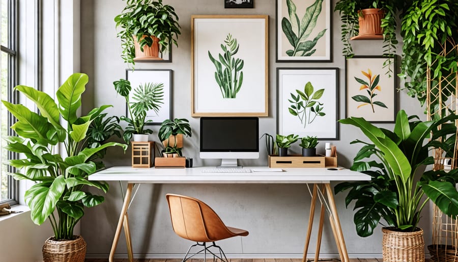 Personalized workspace with motivating decor and greenery.