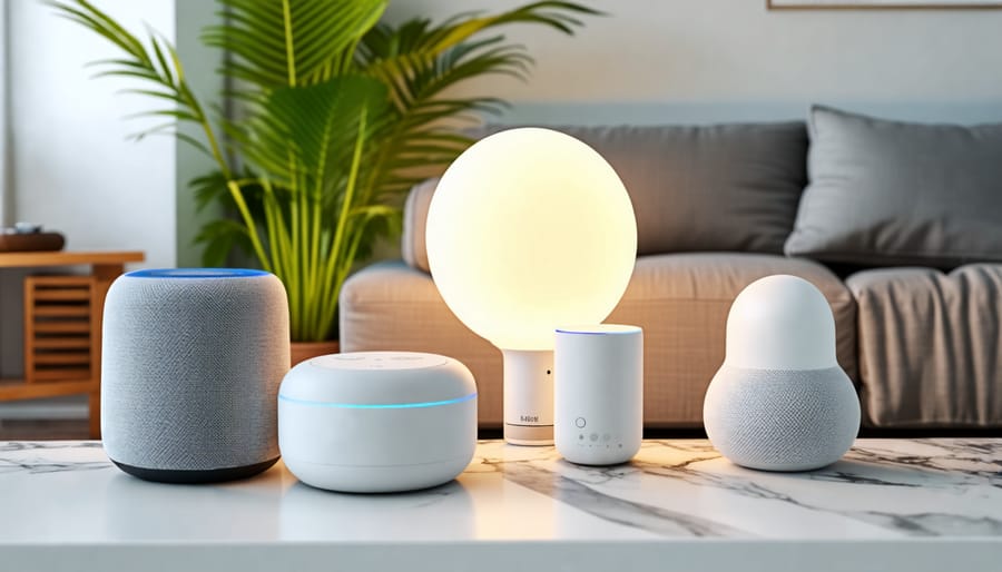 Realistic portrayal of different smart home devices including smart speakers, smart lights, and a smart thermostat