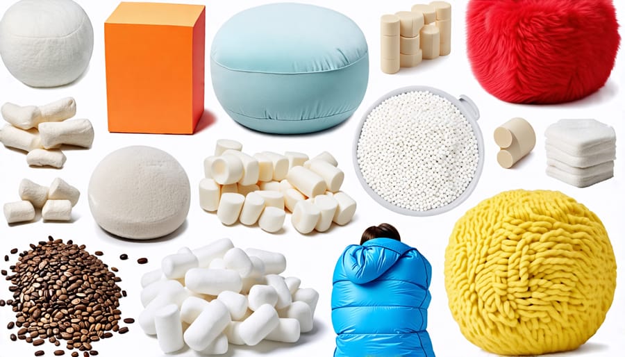 Assortment of different materials that can be used to fill a pouf, such as beans, memory foam, old clothes, and packing peanuts