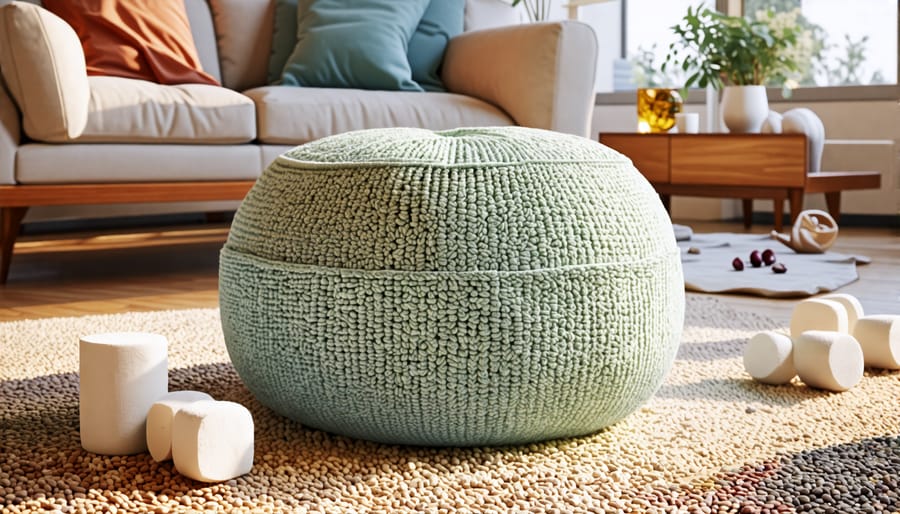 Artistic representation of different materials for pouf fillers, including beans, memory foam, old clothes, and packing peanuts, set in a stylish living room.