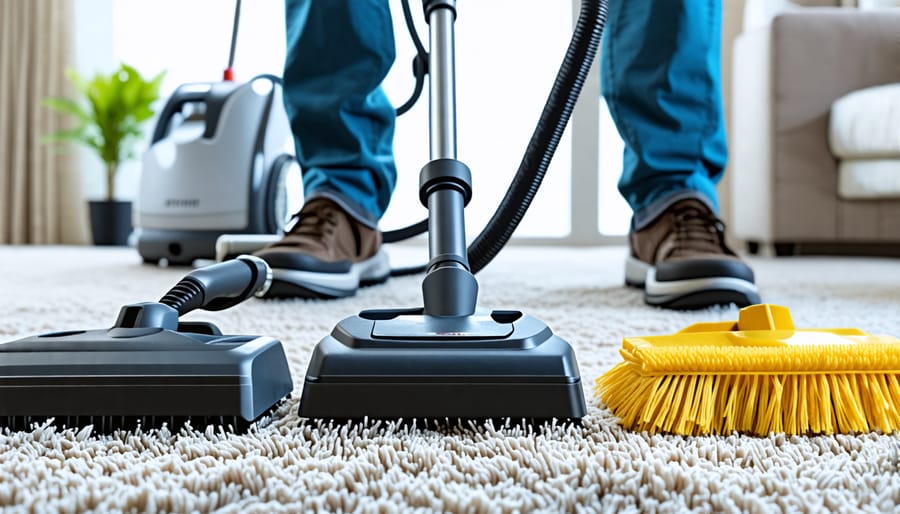 Professional demonstrating multiple carpet cleaning techniques on a single carpet for a luxurious clean.