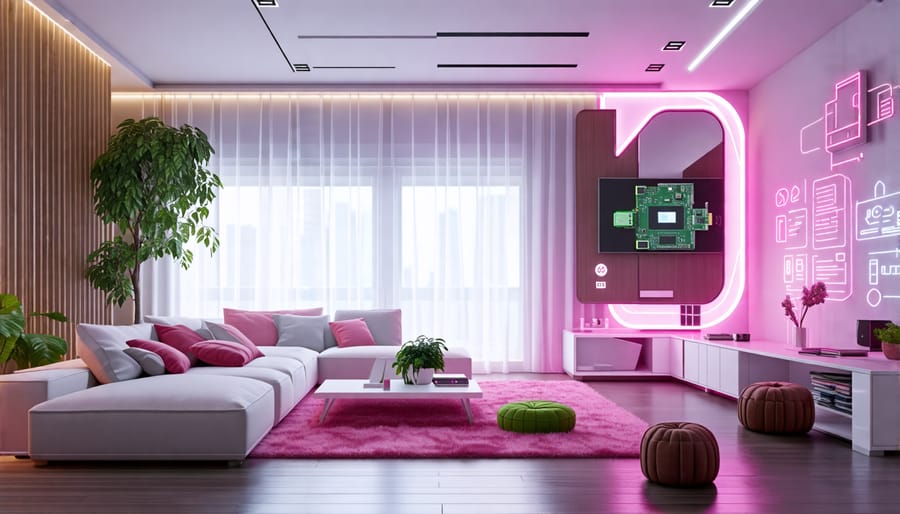 A futuristic home interior showcasing budget-friendly smart home automation using Raspberry Pi, including smart lights, a smart thermostat, and an automated curtain system.