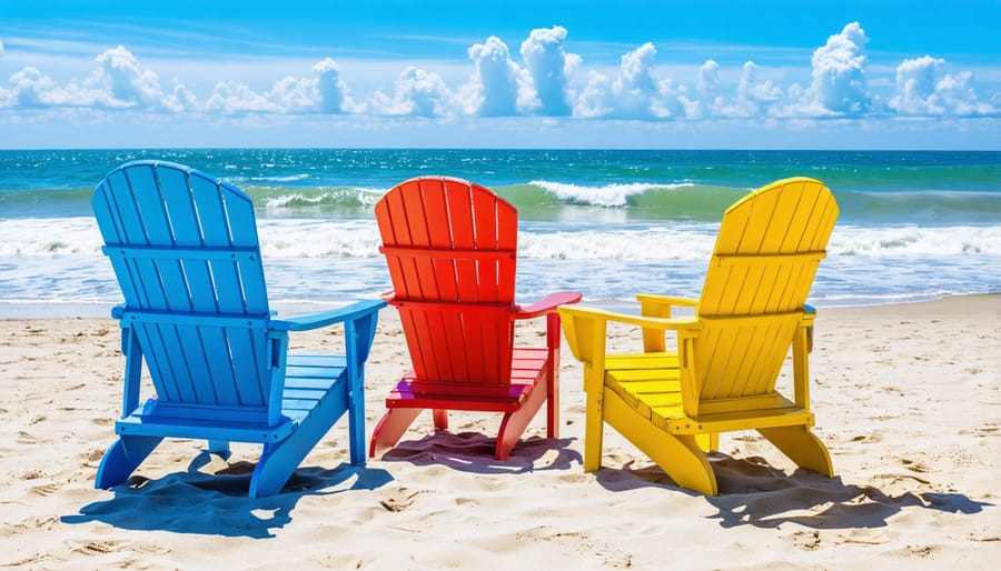 Vibrant, eco-friendly outdoor chairs made from recycled plastic, set on a scenic beach