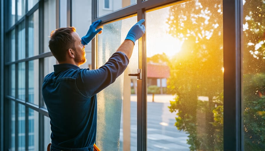 Person installing reflective window film on glass window