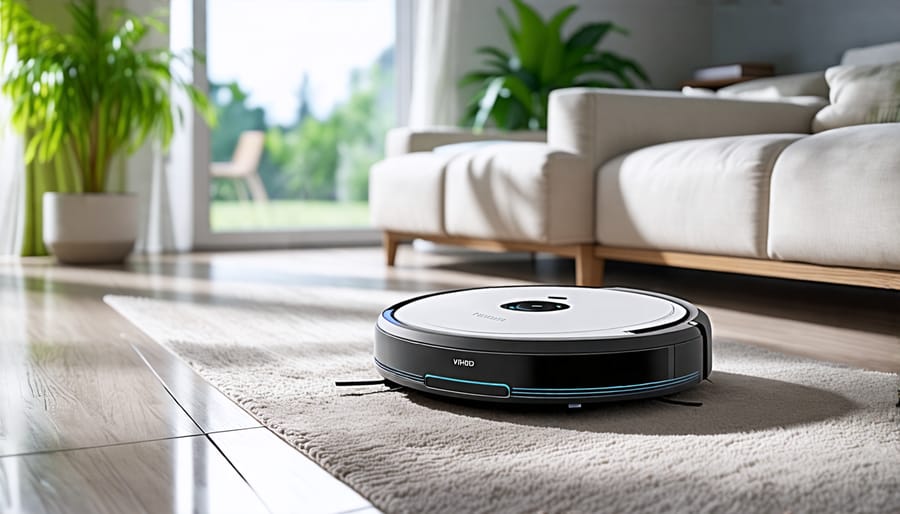 Robotic vacuum cleaner moving across a wooden floor in a living room