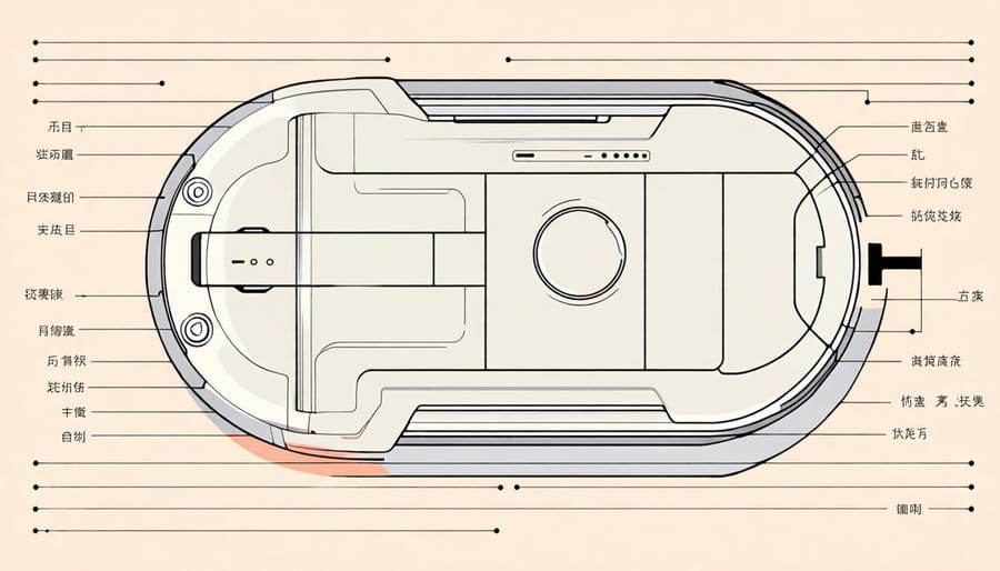 Illustration highlighting the features of a robotic vacuum cleaner, including sensors and cleaning brushes