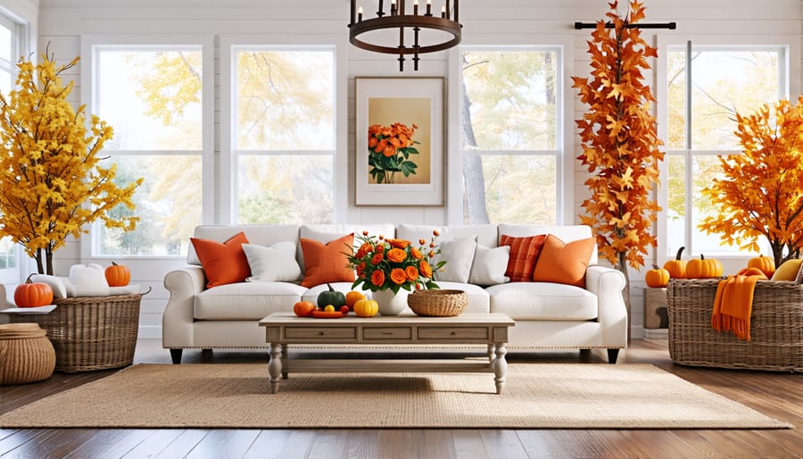 A cozy living room that transitions through the four seasons, featuring spring flowers, summer coastal elements, autumn leaves, and winter holiday decorations, arranged in a circular layout.