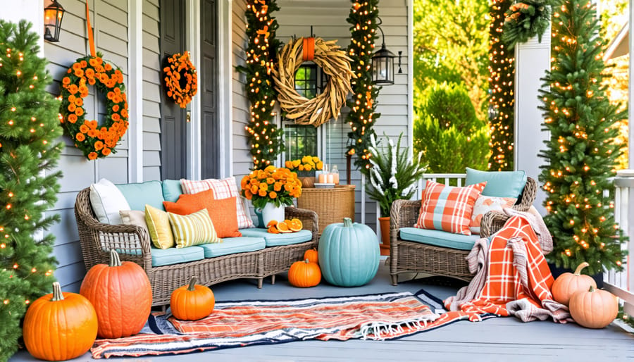 A beautifully styled porch showcasing seasonal decor, featuring pastel accents for spring, citrus pops for summer, pumpkins and plaids for fall, and evergreen garlands for winter, embodying the essence of home refresh ideas.