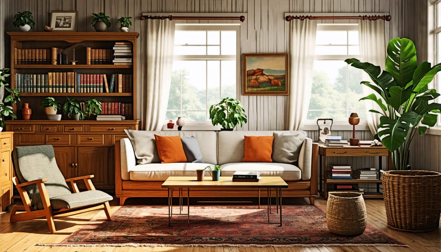 Stylish living room interior with secondhand and vintage furniture