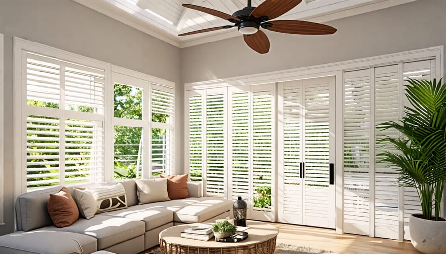 Interior of a home with open louvered doors and windows, featuring ceiling fans and light-colored walls for a cool and refreshing feel.