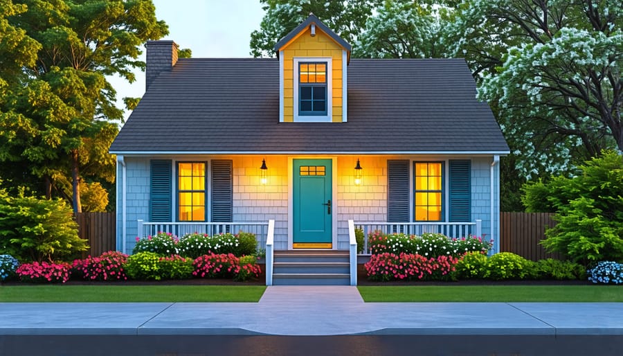 Small house featuring eye-catching entrance with colorful door, decorative shutters and exterior lighting