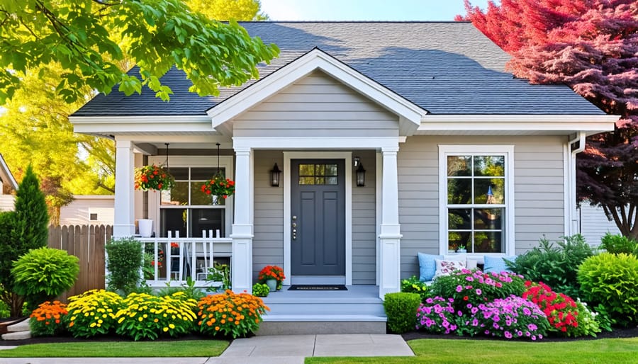 Small house with light exterior paint and contrasting trim, featuring colorful landscaping