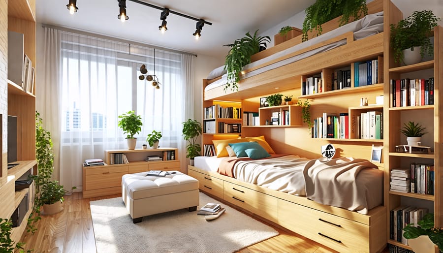 A creatively organized small apartment combining wall-mounted shelves, a storage ottoman, and a loft bed with drawers to demonstrate ingenious storage solutions.