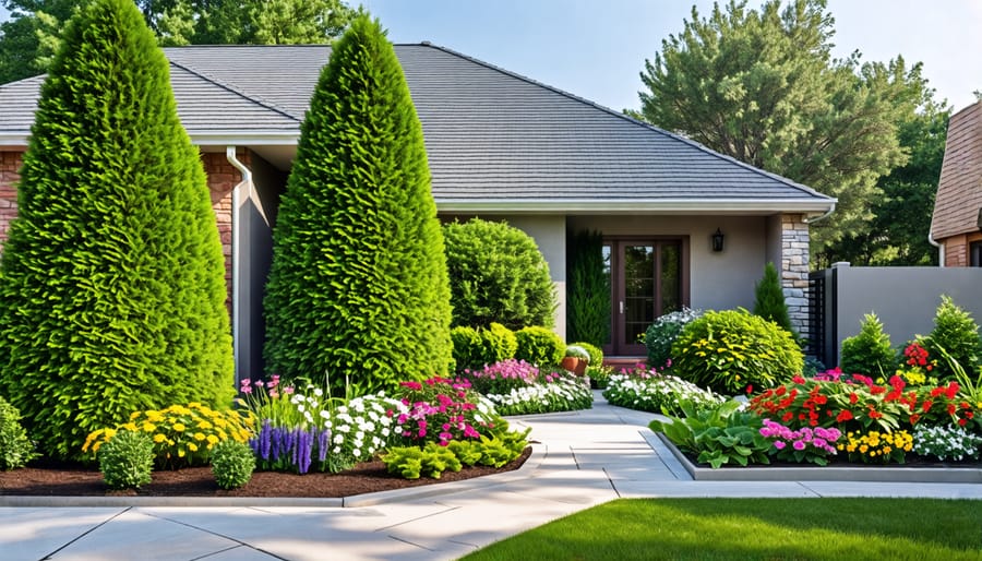 Small front yard landscaped with plants in staggered layers to create visual depth