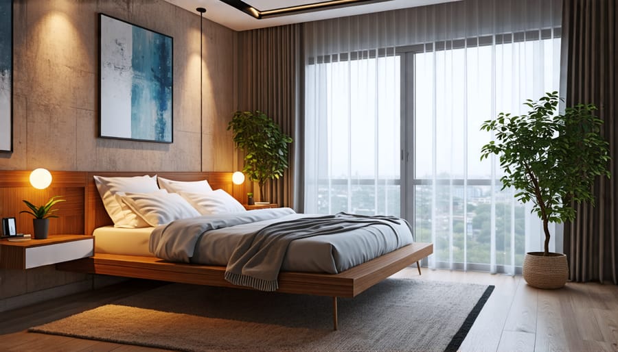 A cozy bedroom featuring a smart bed and automated curtains for better sleep