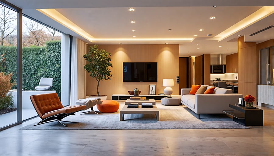 A modern living room designed with accessibility in mind, featuring wide doorways, non-slip flooring, and smart home technology such as voice-activated lighting, all harmoniously blended with stylish decor.