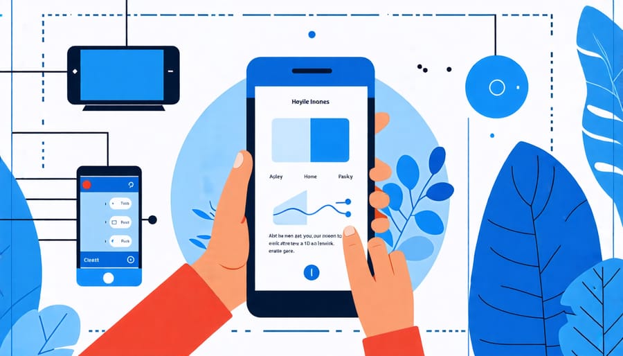 Illustration of a user controlling smart home devices through a mobile app interface