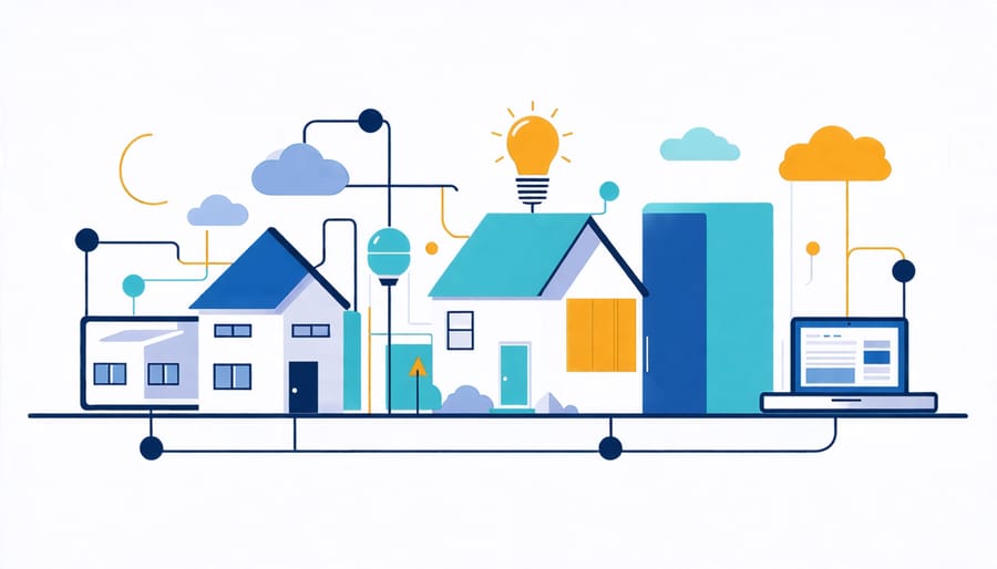 Diagram showing integration of smart home manager app with devices like thermostats, lights, and security cameras