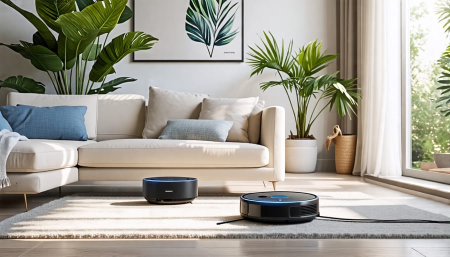 A modern living room featuring a robotic vacuum, automated mop, and smart air purifier, illustrating the integration of smart cleaning devices in a home setting.