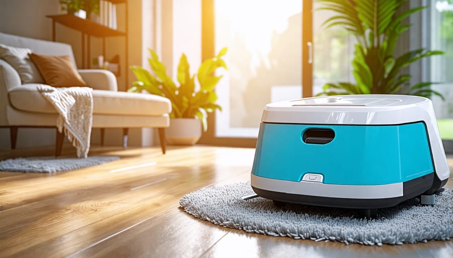 Smart home devices setup including a vacuum, mop, and air purifier in a connected living space