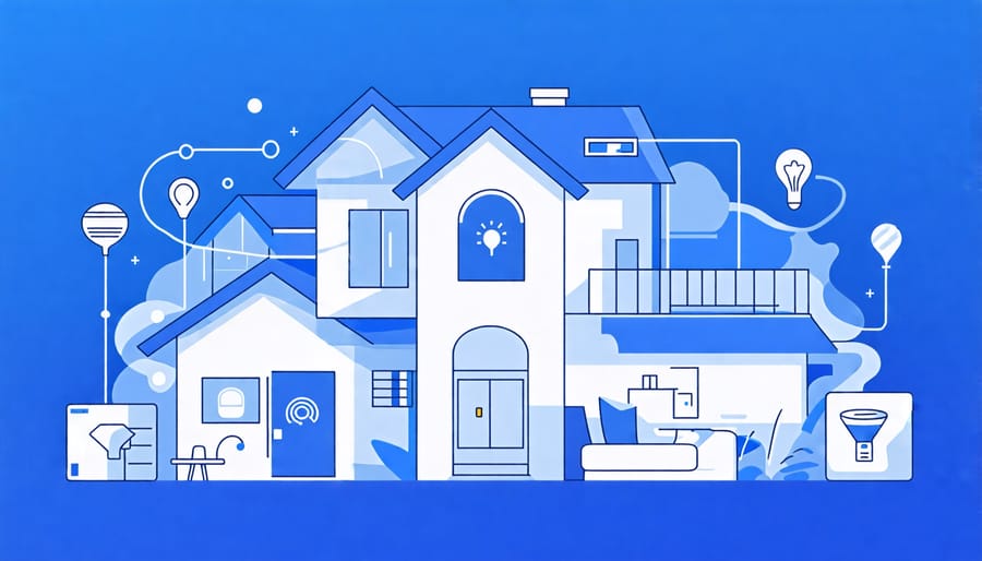 Conceptual graphic showing smart home devices such as lights, thermostat, and security sensors in a network