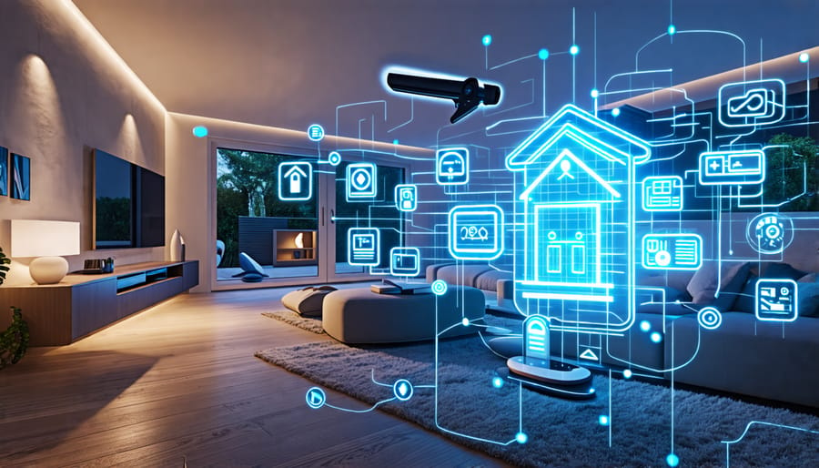 Conceptual illustration of a futuristic home interior with interconnected smart devices like lights, thermostats, and security cameras, all linked through digital lines and controlled via a smart home manager app on a smartphone.