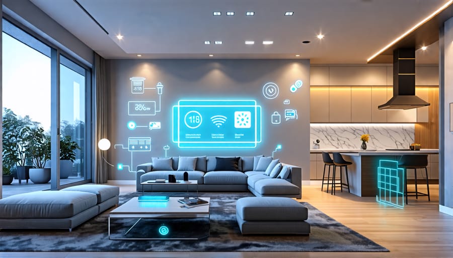 A modern home featuring a smart thermostat, smart lighting, and various appliances connected through smart plugs, showcasing energy-efficient technology.