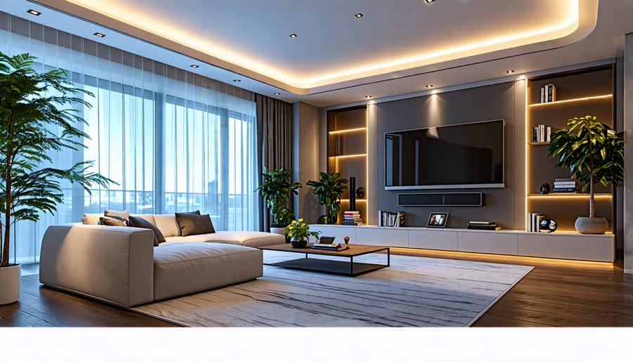 A modern living room elegantly equipped with a variety of smart devices like a smart speaker, thermostat, and lighting system, representing the seamless integration and convenience of smart home technology.